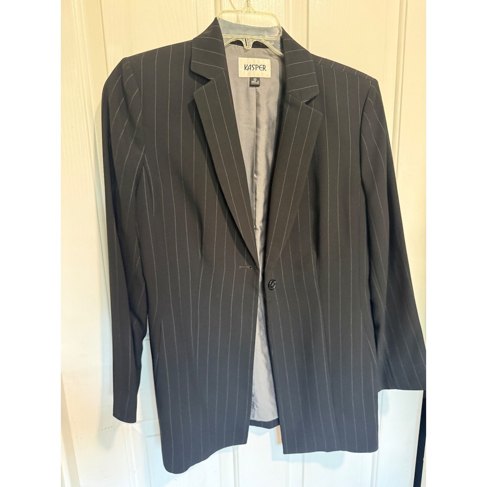 Kasper Womens Black Pinstripe Single Button Longline Blazer Jacket Size 10